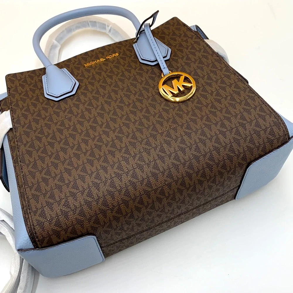 MICHAEL KORS MERCER MEDIUM TOP ZIP BELTED SATCHEL BROWN/ PALE BLUE SIGNATURE - Picture 14 of 16